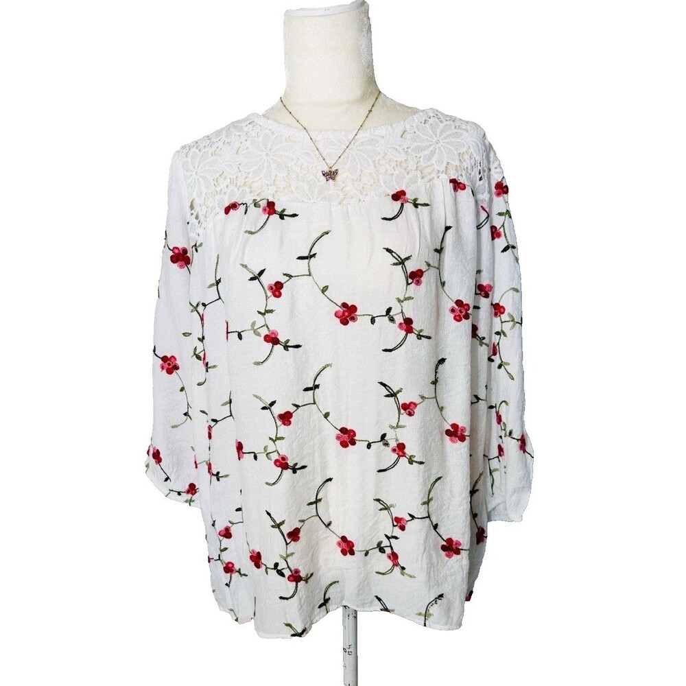 Kindred Womens Sz 2X Top Pullover Blouse Artsy Embroidered Lace Red Fall Floral